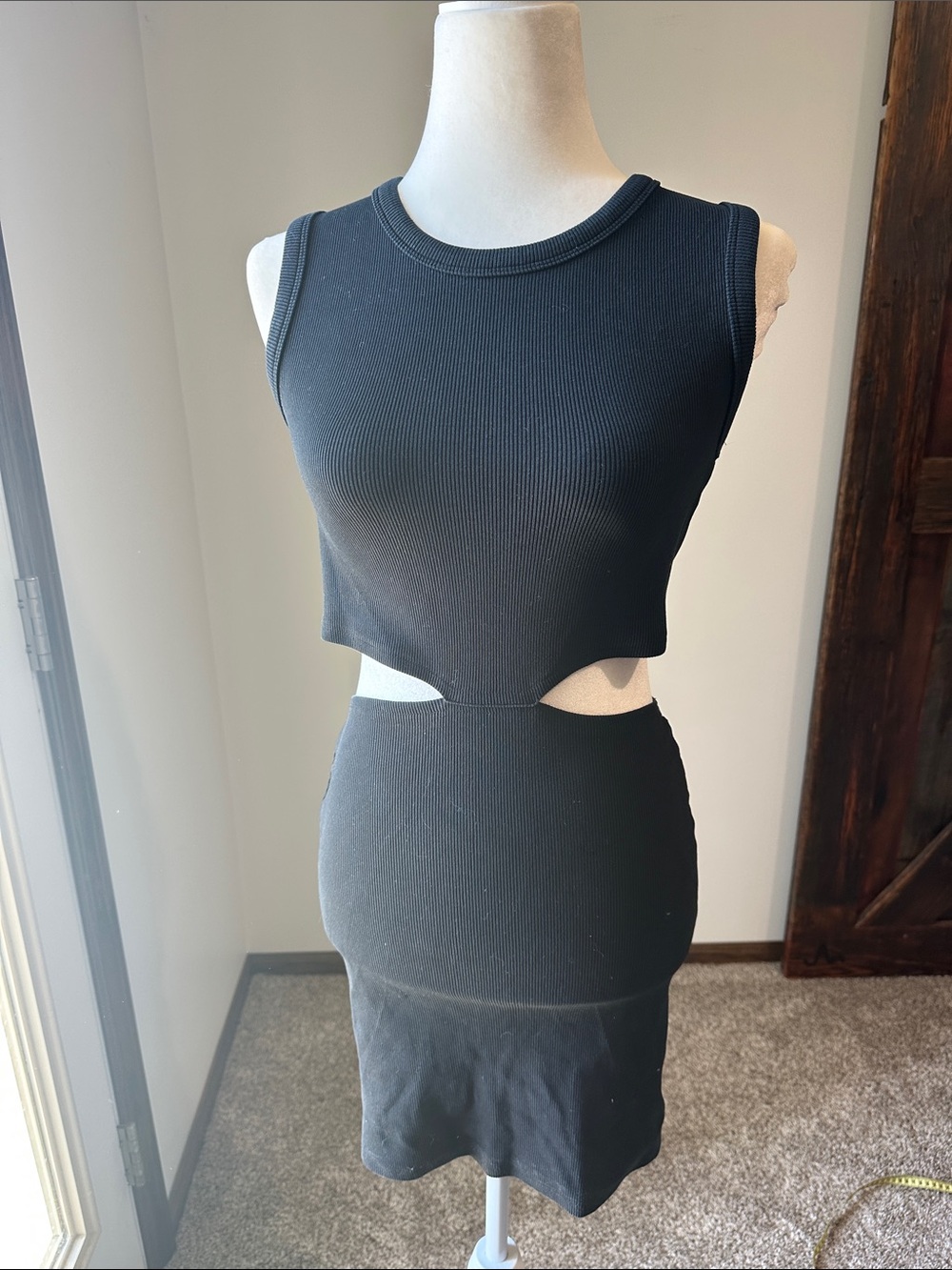 Maui Sleeveless Black Ribbed Cutout Mini Dress Medium